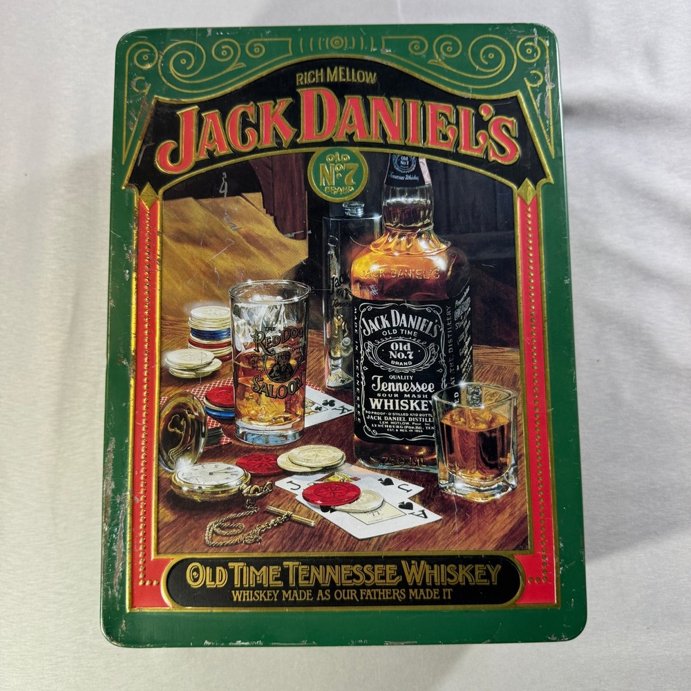 Vintage Jack Daniels Old No 7 Tennessee Whiskey Collectible Metal Tin Green Gold